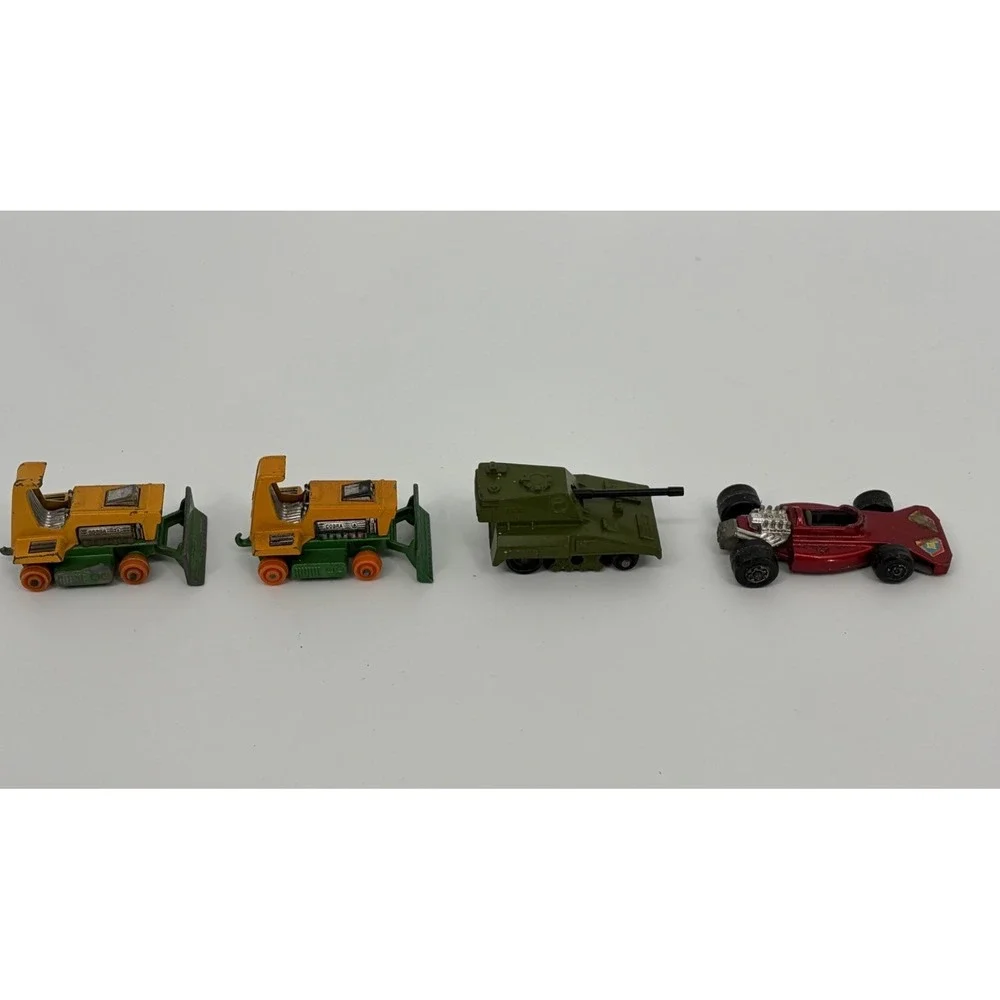 Vintage Lot of 4 Matchbox Vehicles No 12 Big Bull Bulldozers Tank Dragster